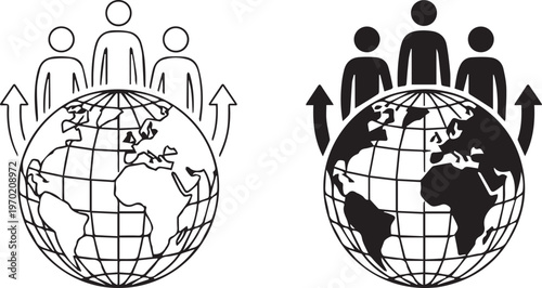 Global population growth icon featuring stick figures standing on earth globe with upward arrows representing demographic expansion scale