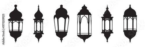Six solid black silhouettes of ornate islamic arabic style hanging ornamental lanterns