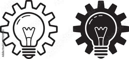 Light bulb inside mechanical gear icon in linear and solid styles representing creative engineering innovation and bright ideas development