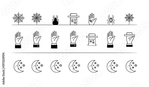 A set of minimalist magic icons including hands, spiders, and moons