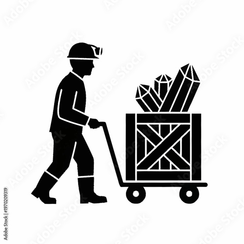Miner pushing a cart filled with precious crystals.