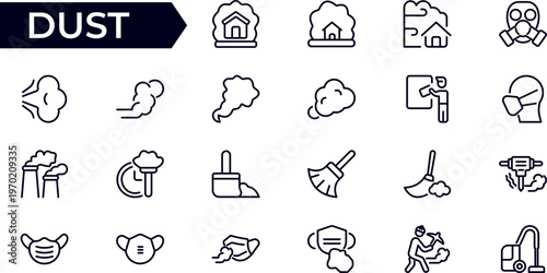 Dust and Air Quality Line Icon Set for Smoke, Sand, Allergen, Dust Cleaning, Odor and Environmental Hygiene Outline Vector Collection