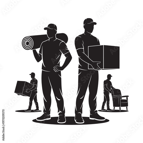 Movers carrying furniture and boxes in a black and white illustration