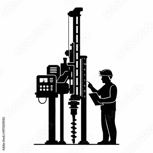 Silhouette of Geologist Operating Drilling Rig Machine.