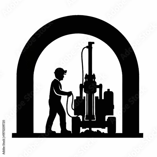 Worker operating a drilling rig in a tunnel silhouette.