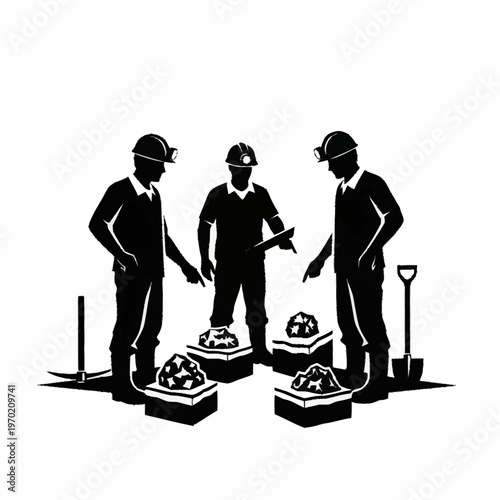 Three miners examining piles of excavated ore with tools.