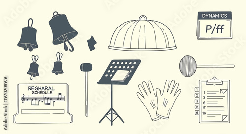 Vintage musical instruments and accessories sketch collection isolated on transparent background