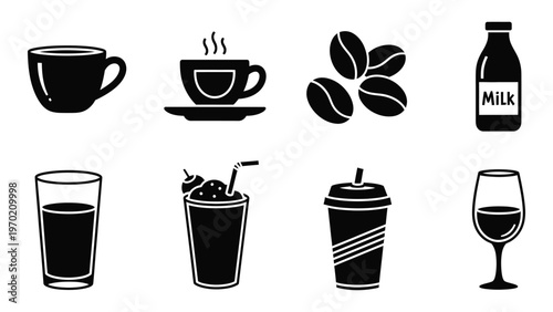 A collection of black silhouettes depicting coffee tea juice and alcoholic beverages on a white background silhouette high quality professional detailed