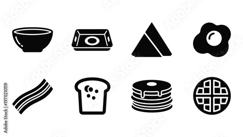 A collection of black food icons including a fried egg bacon and pancakes in a flat silhouette high quality professional detailed