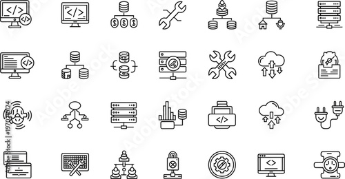 Software development and IT infrastructure outline icon set with coding database cloud services and system engineering symbols for applications