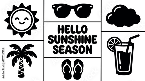 Hello sunshine season text with sunglasses palm tree and summer icons vector art