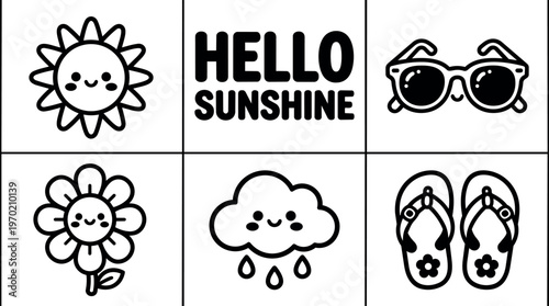 Cute smiling sun cloud flower sunglasses and flip flops with hello sunshine phrase