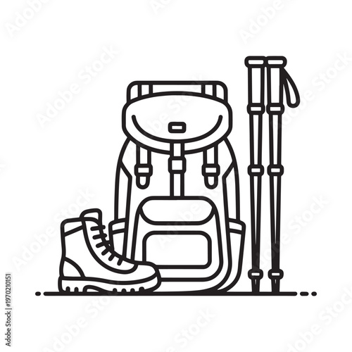 Hiking gear illustration featuring a backpack boots and trekking poles