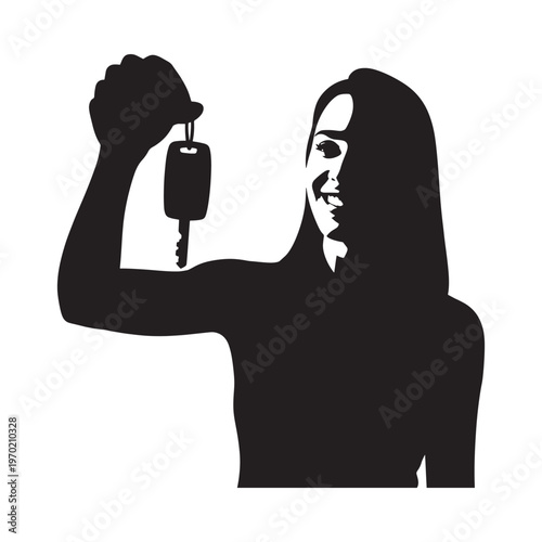 Woman cheerfully holding up a car key in a silhouette illustration