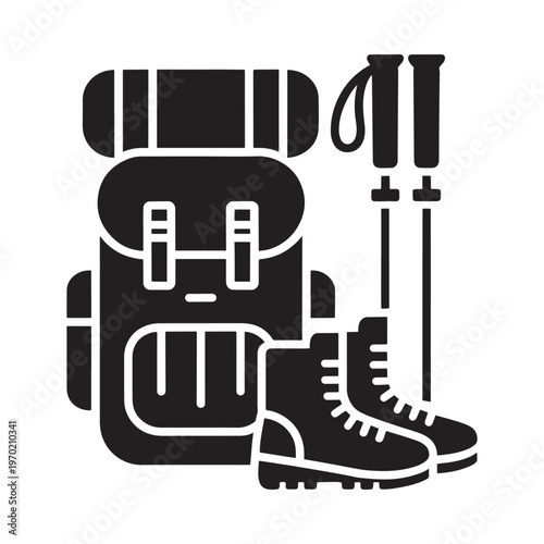Black silhouette of hiking gear including backpack boots and poles