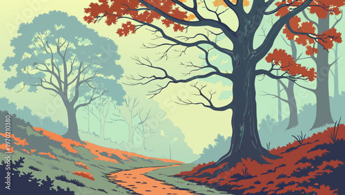 Digital watercolor painting of Panorama landscape image of Wendover Woods on foggy Autumn Morning.