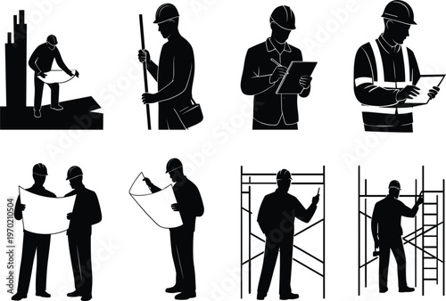 Construction worker silhouettes set, industrial engineer with blueprint, architect on site, building contractor professional collection