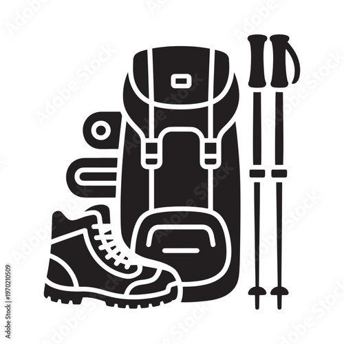 Black silhouette depicting hiking gear including backpack boots and poles