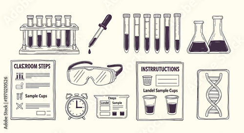 Vintage chemistry lab equipment sketch collection isolated on transparent background scientific illustration set