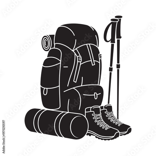 Black silhouette of hiking gear including backpack boots and trekking poles