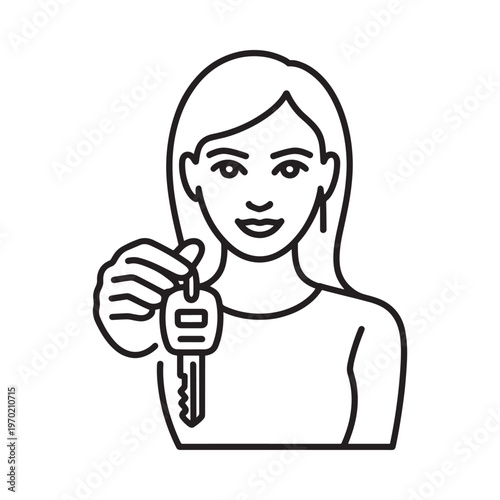 Line drawing depicts a woman holding a car key in her hand