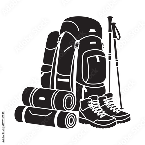 Black silhouette of hiking gear including backpack boots and poles