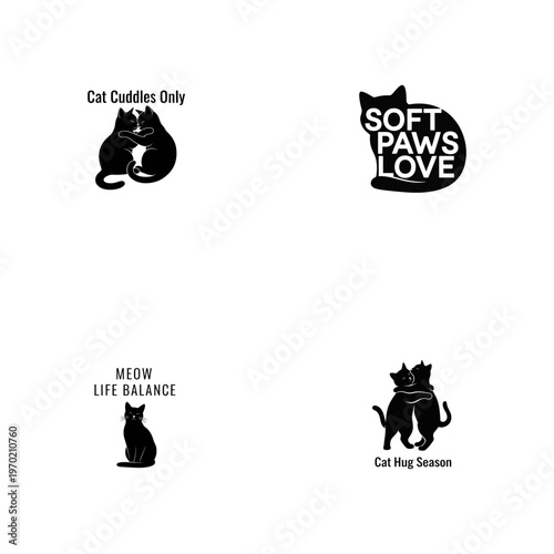 Four black cat silhouette with text on white background cats