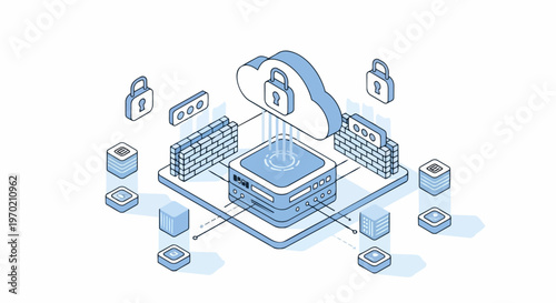 Secure Cloud Computing Infrastructure with Firewall and Data Protection Padlock Icons in Isometric Line Art Style