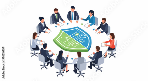 Isometric Business Team Meeting Around a Large Cybersecurity Shield Icon for Data Protection and Corporate Privacy Strategy