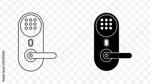 Digital door handles, keyless entry icons, electronic locks, black and white isolated on Transparent Background
