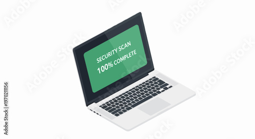 Isometric Laptop Showing Security Scan 100% Complete Message on Green Screen, Cybersecurity and Data Protection Concept