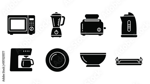 A collection of black kitchen appliances including a microwave blender toaster and kettle presented as a silhouette high quality professional detailed