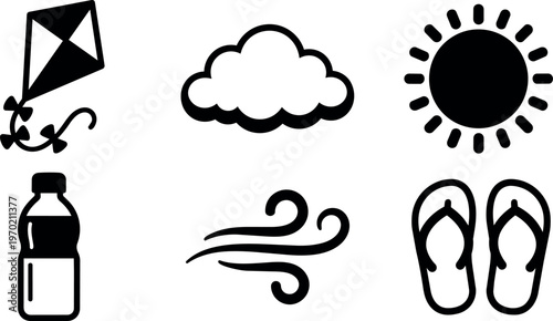 Black and white summer icons with kite cloud sun wind bottle and flip flops