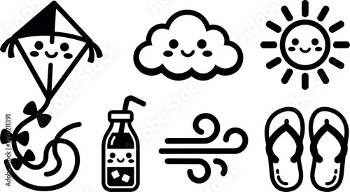 Cute smiling sun cloud kite flip flops and juice bottle line art vector