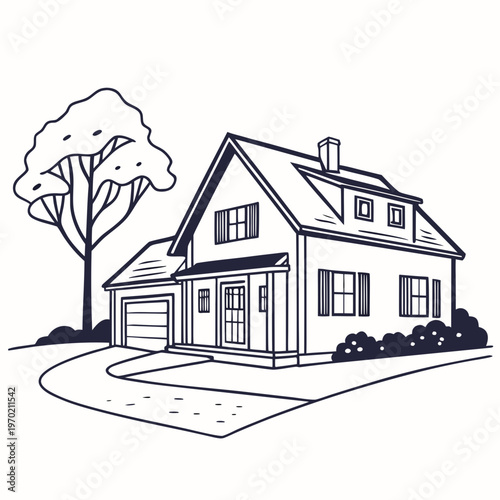 Black line of a house with a tree and driveway house line house tree in front of house