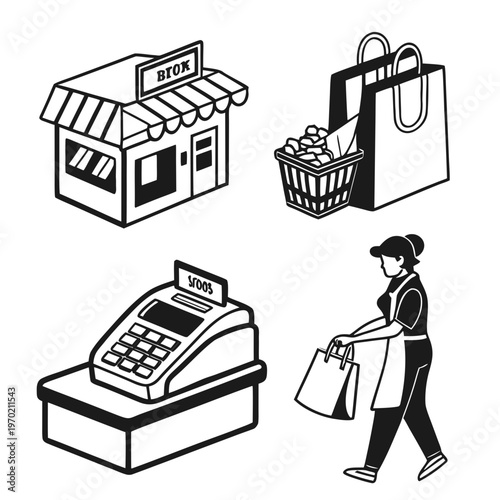 Black and white of shopping storefront cash register shopping bag basket