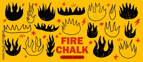 Icon crayon hand and line drawn flame with fire grunge doodle.