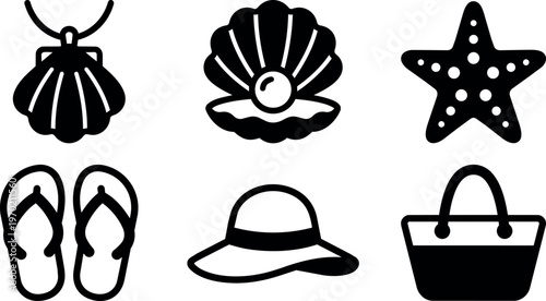 Black and white beach icons including shell pearl starfish hat bag and flipflops