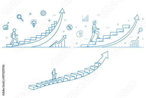 People climbing up stairs with arrow showing progress vector illustration set.