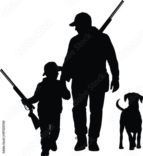 Father and son hunters walking together with shotguns and hunting dog silhouette, outdoor family bonding, seasonal sport activity, wildlife pursuit, isolated on white.