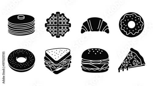 A collection of black silhouettes depicting various breakfast and snack foods including pastries burgers and pizza silhouette high quality professional detailed