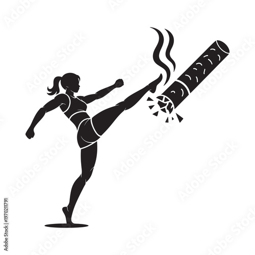 Woman powerfully kicks and breaks a cigarette in a dynamic silhouette