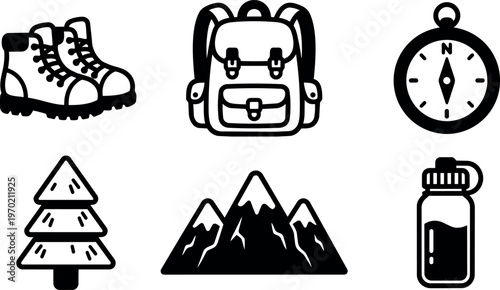 Black and white mountain hiking gear icons with boots backpack compass tree and water bottle