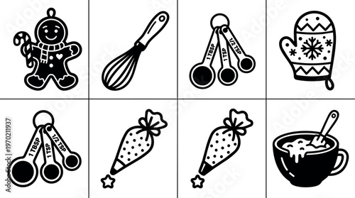 Black and white baking tools including gingerbread man mitten and measuring spoons line art
