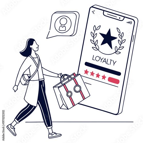 Person walking with shopping bags and loyalty phone loyalty program mobile