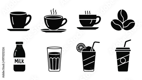 A collection of black silhouettes depicting coffee tea milk and various beverage containers and a coffee bean silhouette high quality professional