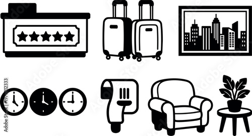 Hotel reception suitcase clocks receipt armchair and plant