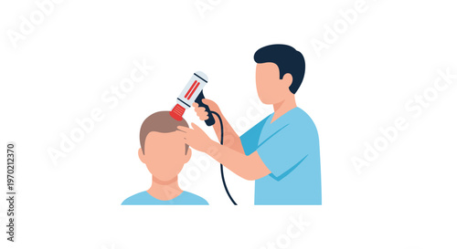 A professional medical technician applies a specialized handheld laser device emitting red light to the scalp of a patient for hair restoration therapy.