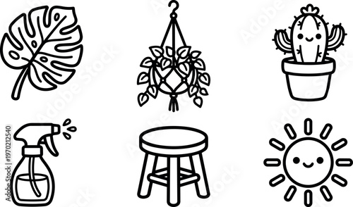 Black and white line art potted cactus stool hanging plant monstera leaf and sun spray bottle icons