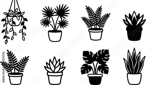 Black and white vector icons of potted houseplants with leaves and succulents